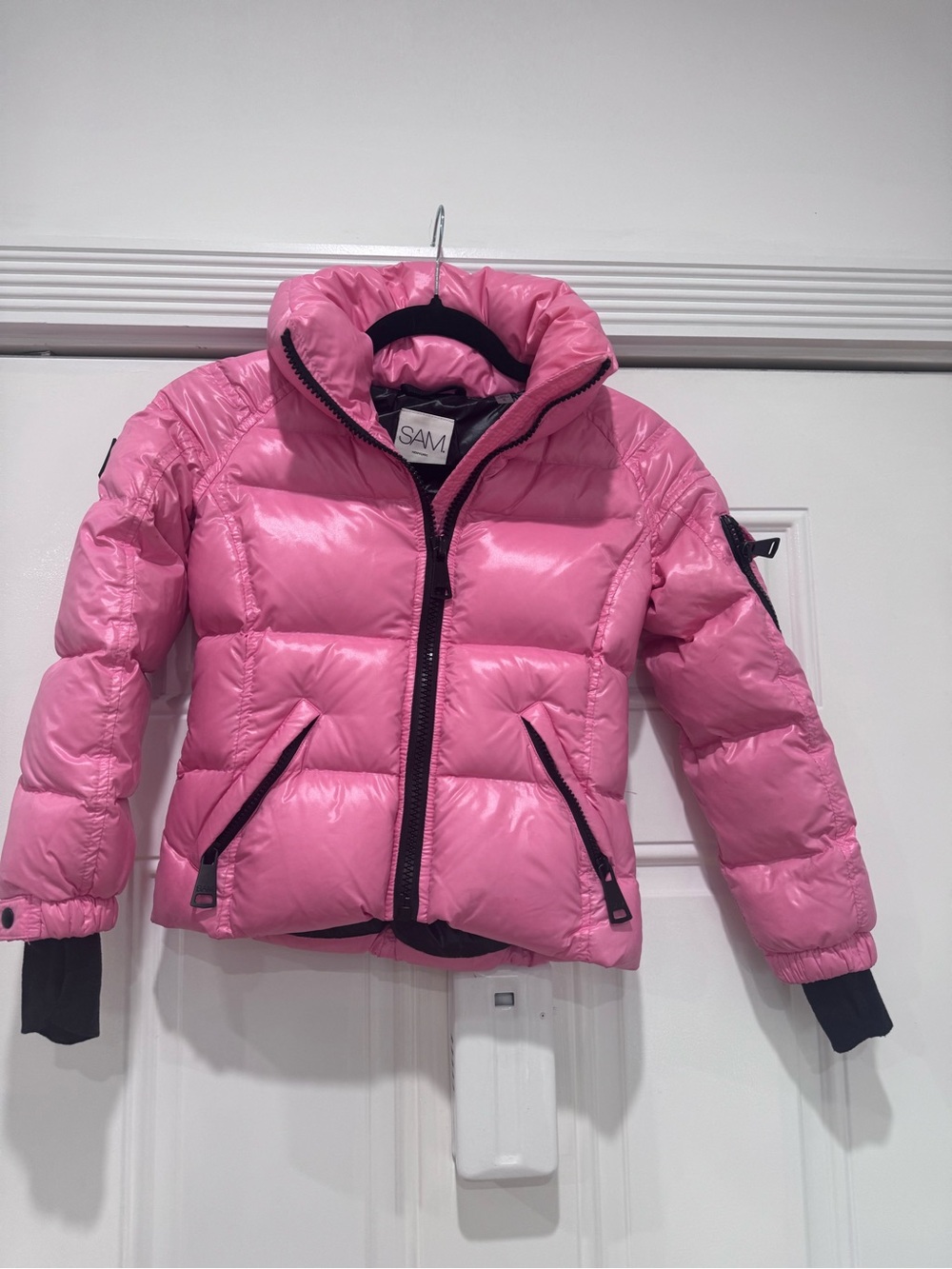 SAM. Bright Pink Kids Puffer Jacket with Black Trim